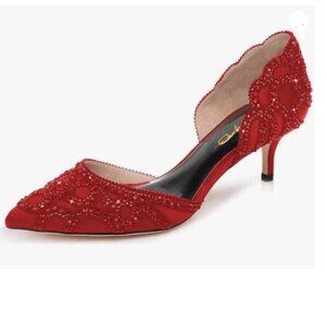 XYD Red Beaded Pointed-Toe Kitten Heel Pumps